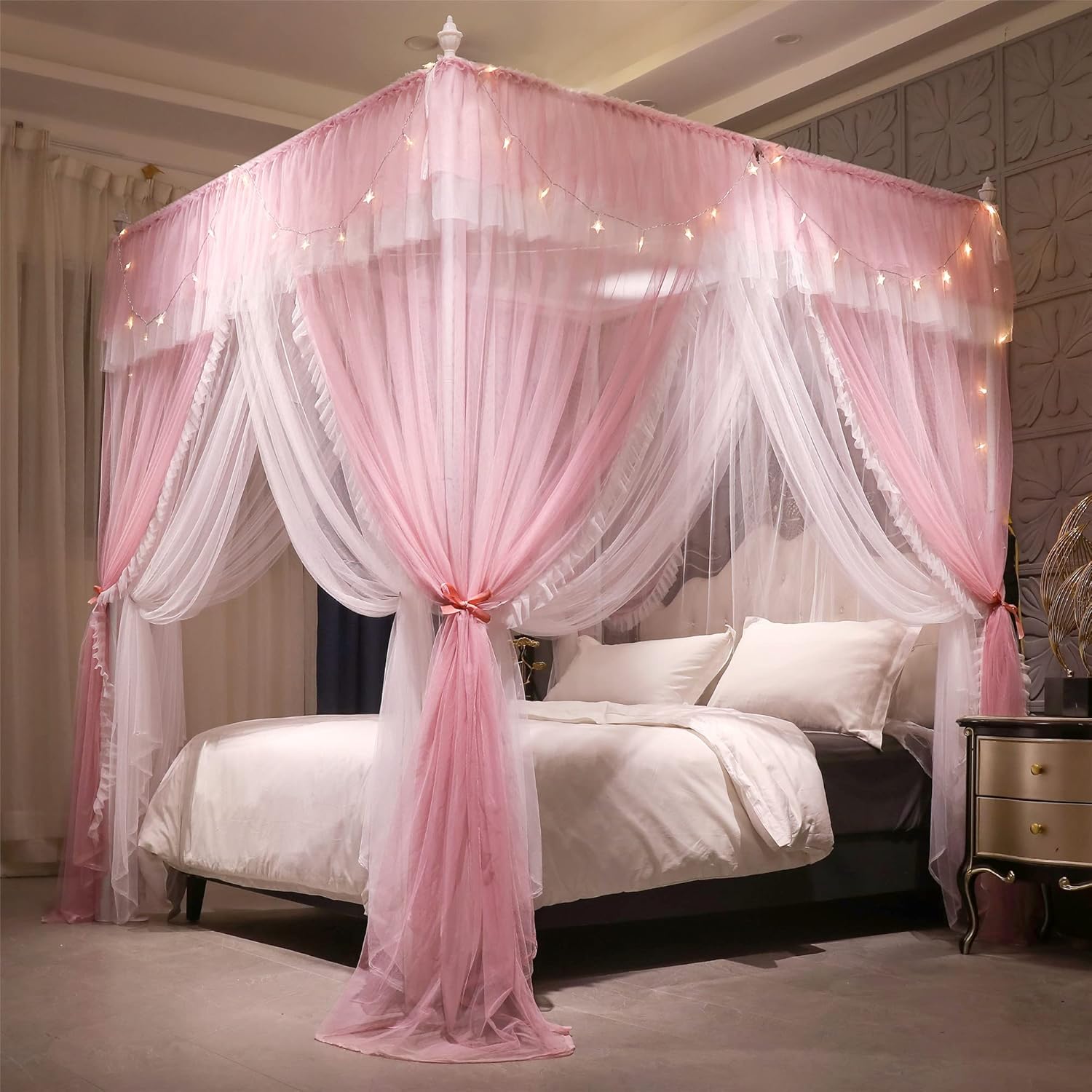 VETHIN 4 Corners Post Ruffle Princess Bed Canopy Curtain-Double Layer Cozy Drape Netting 4 Opening Mosquito Net for Girls Adults Bedroom Decoration (Pink/Whtie,59" W*82" L*82"*H/Queen)