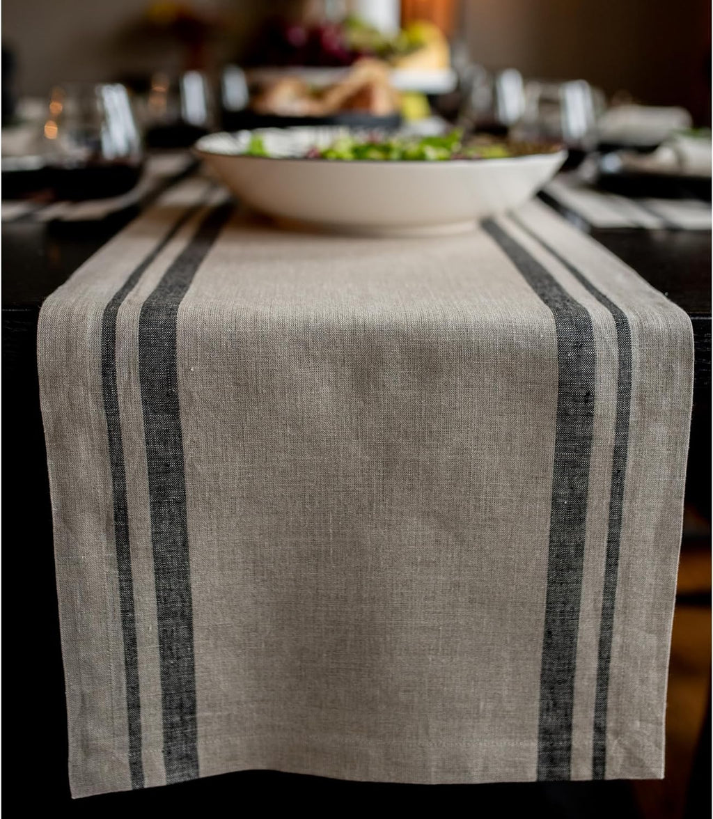 Solino Home Linen Table Runner 48 Inches - French Stripe, 100% Pure Linen Black and Natural Farmhouse Table Runner 14 x 48 Inch Ideal for Dresser and Coffee Tables - Spring, Easter