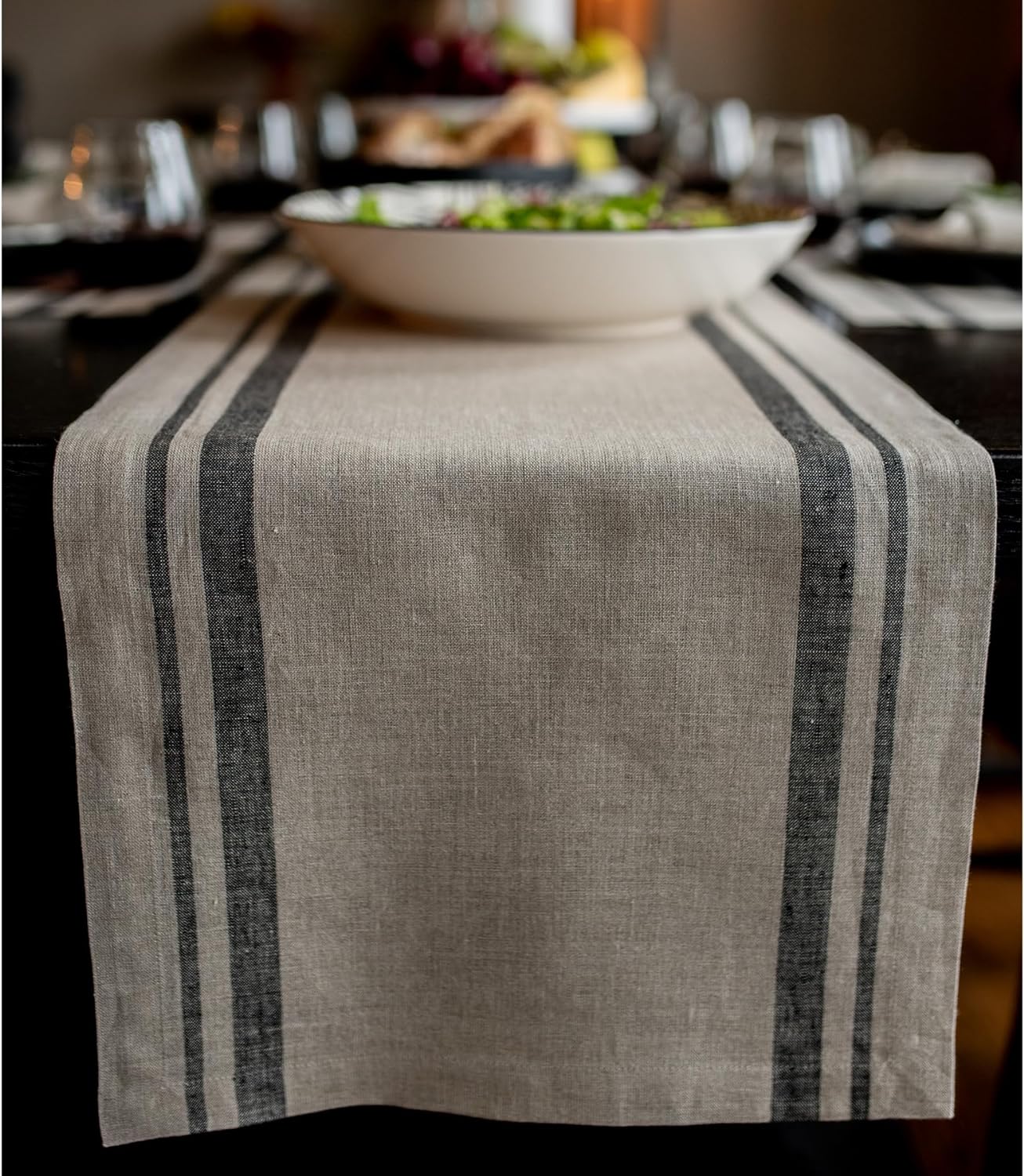 Solino Home Linen Table Runner 48 Inches - French Stripe, 100% Pure Linen Black and Natural Farmhouse Table Runner 14 x 48 Inch Ideal for Dresser and Coffee Tables - Spring, Easter