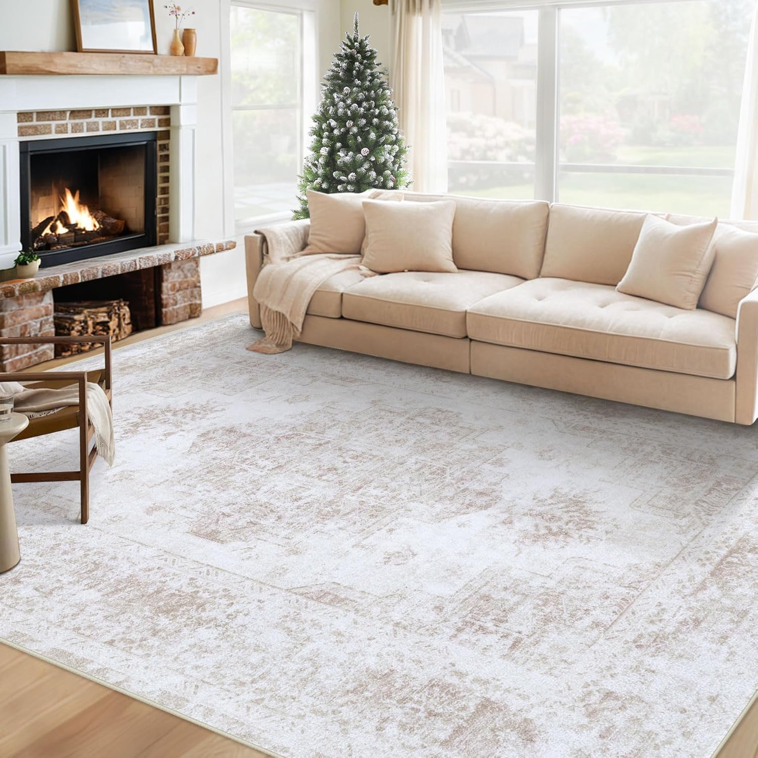XLUEZ Area Rug 9x12 Living Room Rug, Machine Washable Vintage Distressed Medallion Rug Non-Slip Soft Low Pile Large Indoor Rugs for Bedroom Kitchen Dining Room Office(Beige,9'x12')