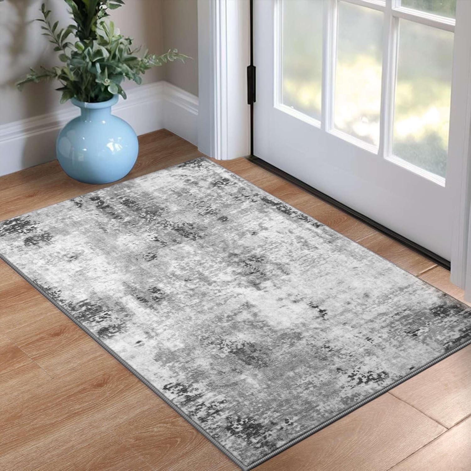 Living Room Rug 8x10 Gray Area Rugs Machine Washable Abstract Boho Large Rug Non-Slip Non-Shedding Faux Wool Indoor Vintage Carpet for Bedroom, Classroom, Dining Room, Kids Playroom