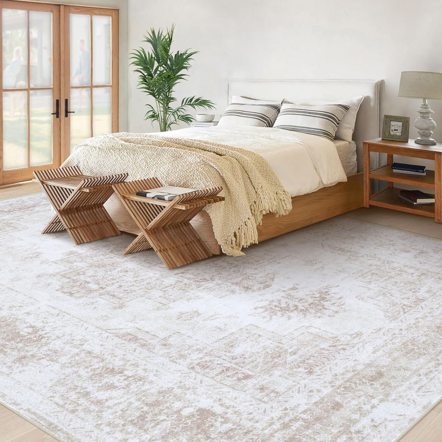 XLUEZ Area Rug 9x12 Living Room Rug, Machine Washable Vintage Distressed Medallion Rug Non-Slip Soft Low Pile Large Indoor Rugs for Bedroom Kitchen Dining Room Office(Beige,9'x12')