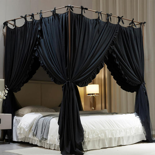 AIOOO 4 Corners Post Princess Curtain Bed Canopy Double Layer Cozy Mosquito Net Mesh and Cloth for Girls Adults Bedroom Decoration (Double-Black/Black, 78" W*86" L*82"*H/(King))