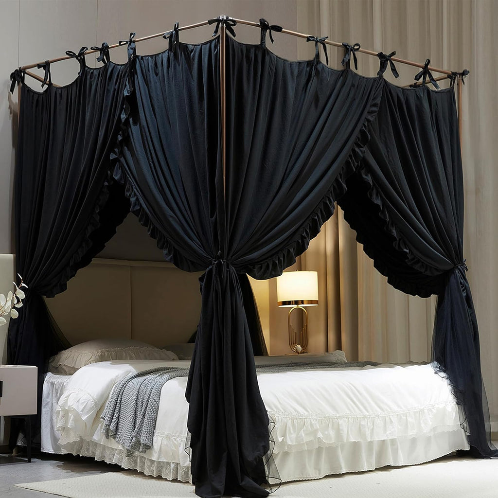 AIOOO 4 Corners Post Princess Curtain Bed Canopy Double Layer Cozy Mosquito Net Mesh and Cloth for Girls Adults Bedroom Decoration (Double-Black/Black, 64" W*82" L*82"*H/(Queen))