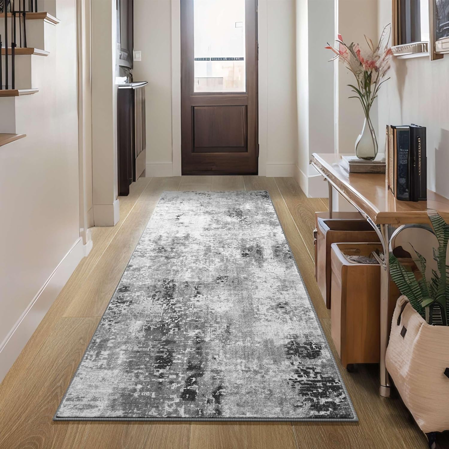 Living Room Rug 8x10 Gray Area Rugs Machine Washable Abstract Boho Large Rug Non-Slip Non-Shedding Faux Wool Indoor Vintage Carpet for Bedroom, Classroom, Dining Room, Kids Playroom