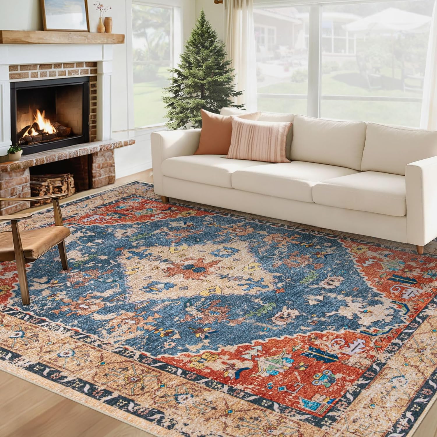 Area Rug 8x10 Washable Rug, Vintage Boho Medallion Rugs Non-Slip Soft Low Pile Large Distressed Rug Indoor Retro Carpet for Living Room Bedroom Dining Room Home Office (Beige, 8'x10')