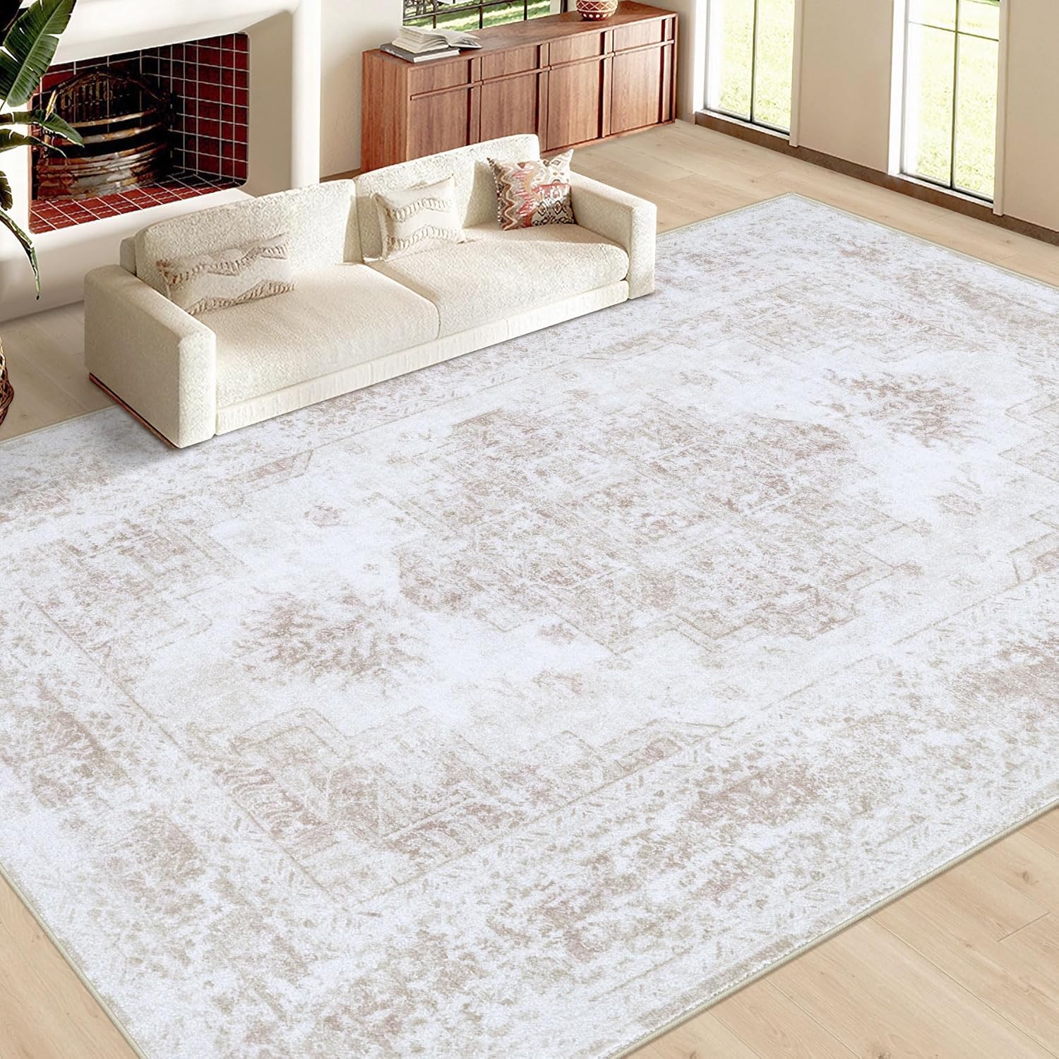 XLUEZ Area Rug 9x12 Living Room Rug, Machine Washable Vintage Distressed Medallion Rug Non-Slip Soft Low Pile Large Indoor Rugs for Bedroom Kitchen Dining Room Office(Beige,9'x12')