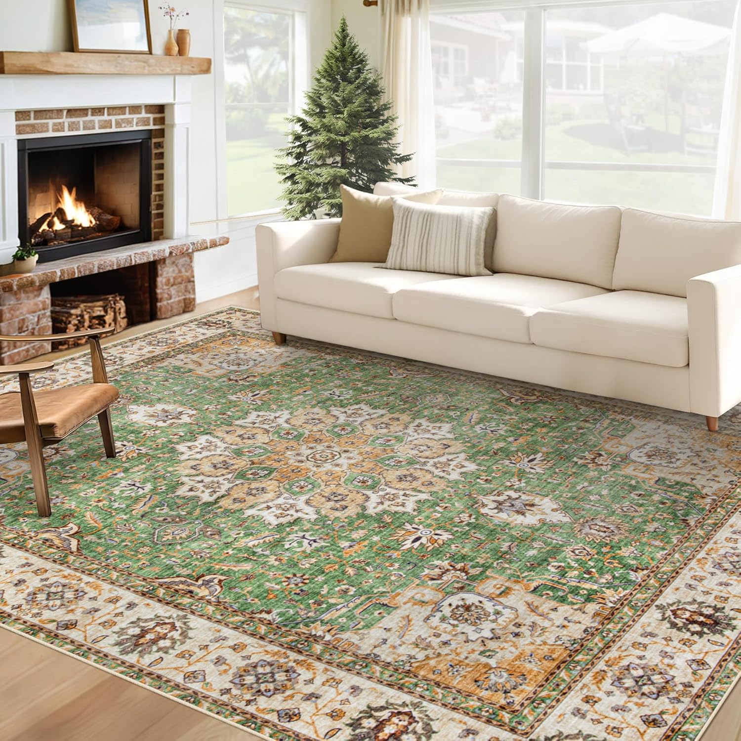 Area Rug 8x10 Washable Rug, Vintage Boho Medallion Rugs Non-Slip Soft Low Pile Large Distressed Rug Indoor Retro Carpet for Living Room Bedroom Dining Room Home Office (Beige, 8'x10')