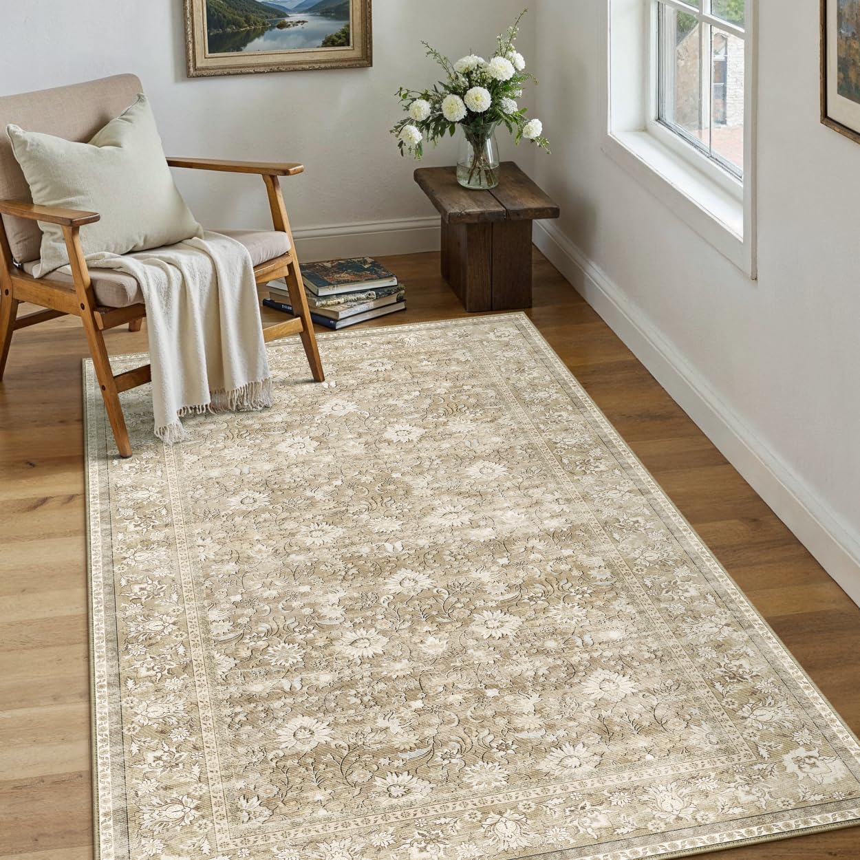 HUGEAR 8x10 Machine Washable Rugs Brown Hallway Large Area Rug Indoor Accent Rug Floral Low Pile Carpet Soft Throw Aesthetic Rug Bedroom Living Room Office Dining Room Kitchen Laundry Room