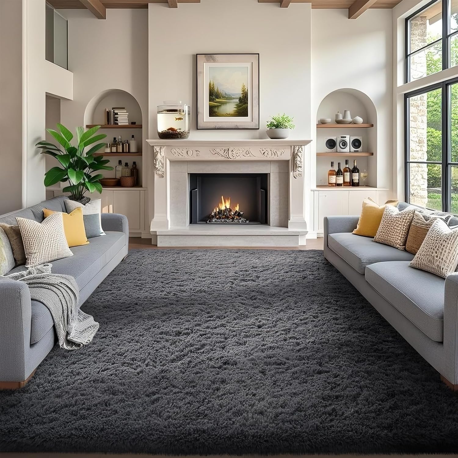 Ophanie Area Rugs 9x12 Living Room, Large Grey Bedroom Carpet, Big Shag Indoor Thick Soft Nursery Rug, Gray Fluffy Carpets for Boy and Girls Room Dorm Home Decor Aesthetic