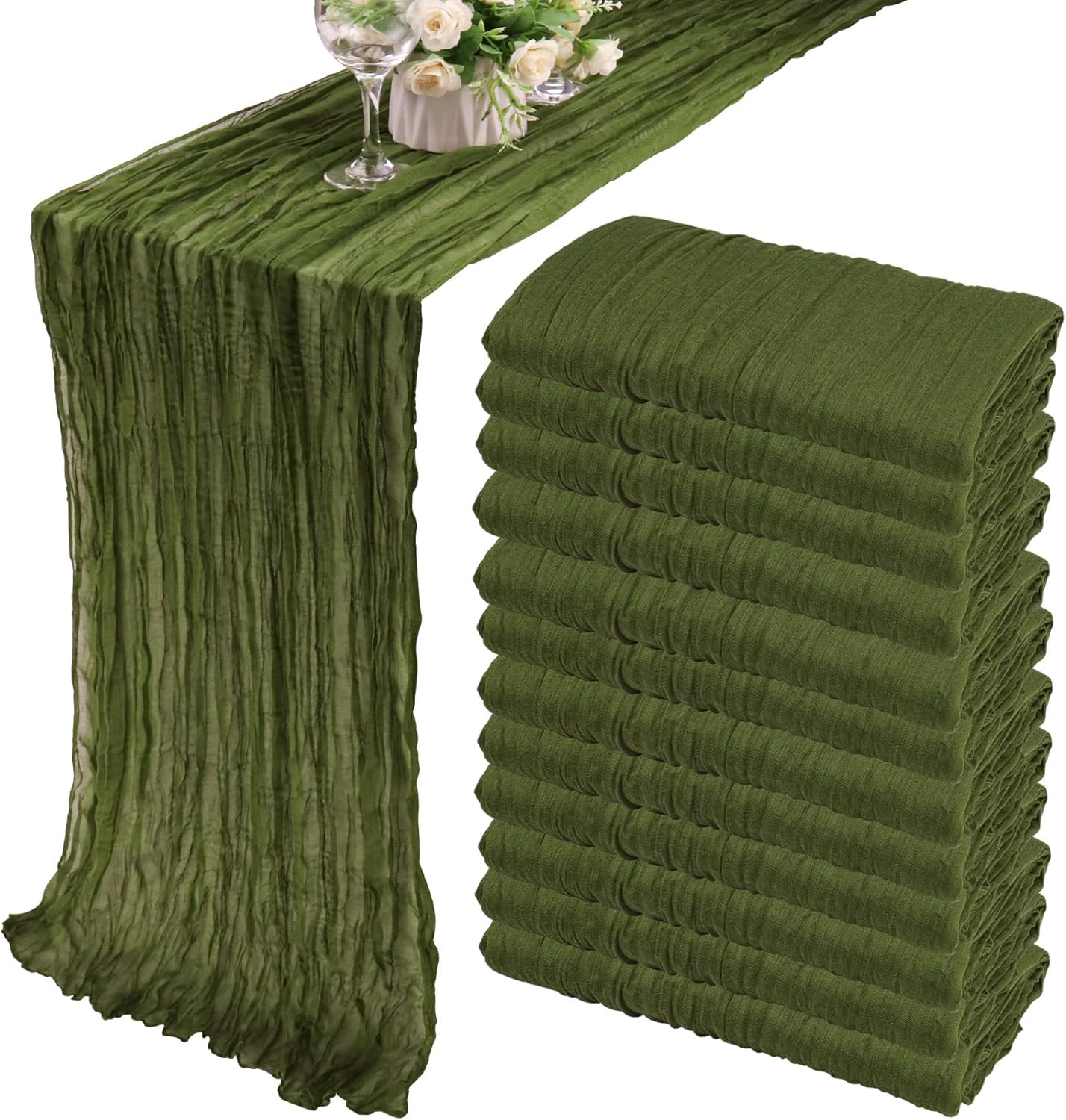 12 Pack 10Ft Cheesecloth Table Runner 35x120 Inch Boho Gauze Table Runner Cheese Cloth Long Romantic Table Runners for Wedding Bridal Shower Birthday Party Table Decor (Dusty Sage Green)