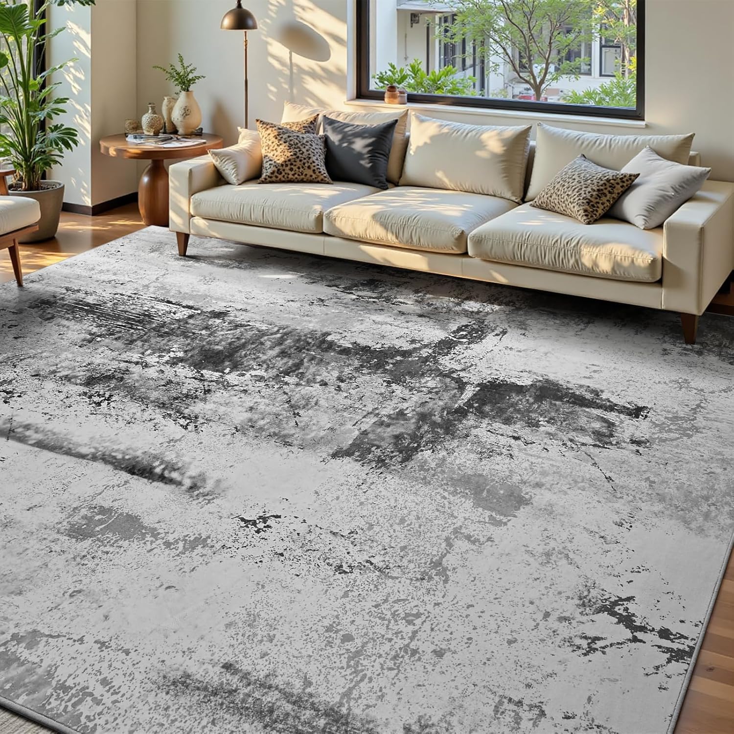 Living Room Rug 8x10 Gray Area Rugs Machine Washable Abstract Boho Large Rug Non-Slip Non-Shedding Faux Wool Indoor Vintage Carpet for Bedroom, Classroom, Dining Room, Kids Playroom