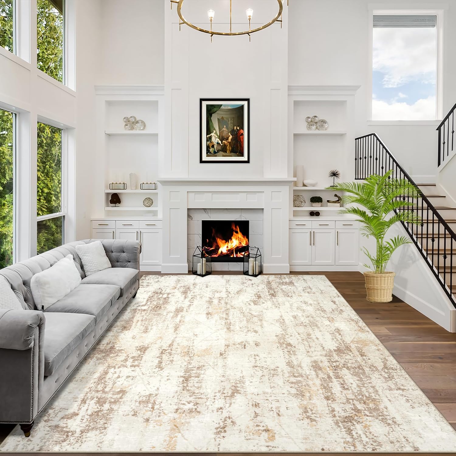 8x10 Area Rugs Washable Rug: Large Modern Abstract Living Room Rug Soft Anti-Skid Thin Carpet Indoor Floor Non-Shedding Carpets for Bedroom Dining Farmhouse Nursery Home Office Black Grey Gold