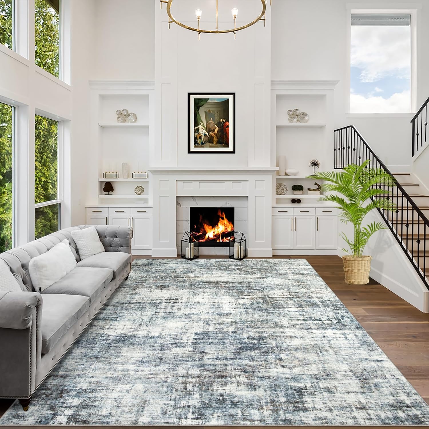 8x10 Area Rugs Washable Rug: Large Modern Abstract Living Room Rug Soft Anti-Skid Thin Carpet Indoor Floor Non-Shedding Carpets for Bedroom Dining Farmhouse Nursery Home Office Black Grey Gold