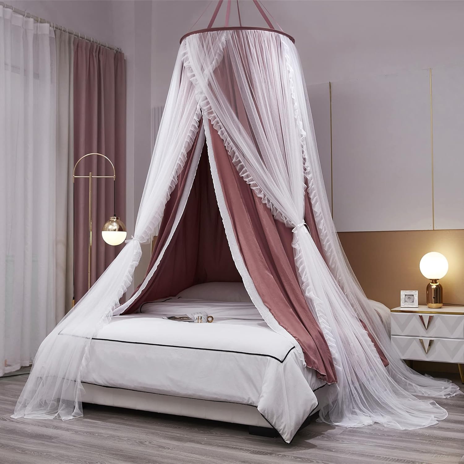VETHIN Double Layer Princess Round Dome Canopy Bed Curtain for Girls Adults,Children Dreamy Mosquito Net,Cute Bedroom Decoration Castle Play Tent Reading Nook Canopies(Dome-Pink/White)