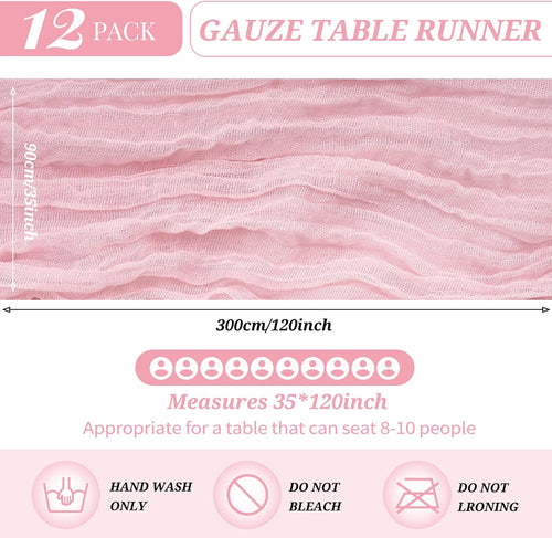 12 Pack Cheesecloth Table Runner 35 x 120 inch Long Boho Cheese Cloth Gauze Table Runners Semi Sheer Table Runner for Wedding Decor, Bridal Shower, Birthday Party (Light Pink)