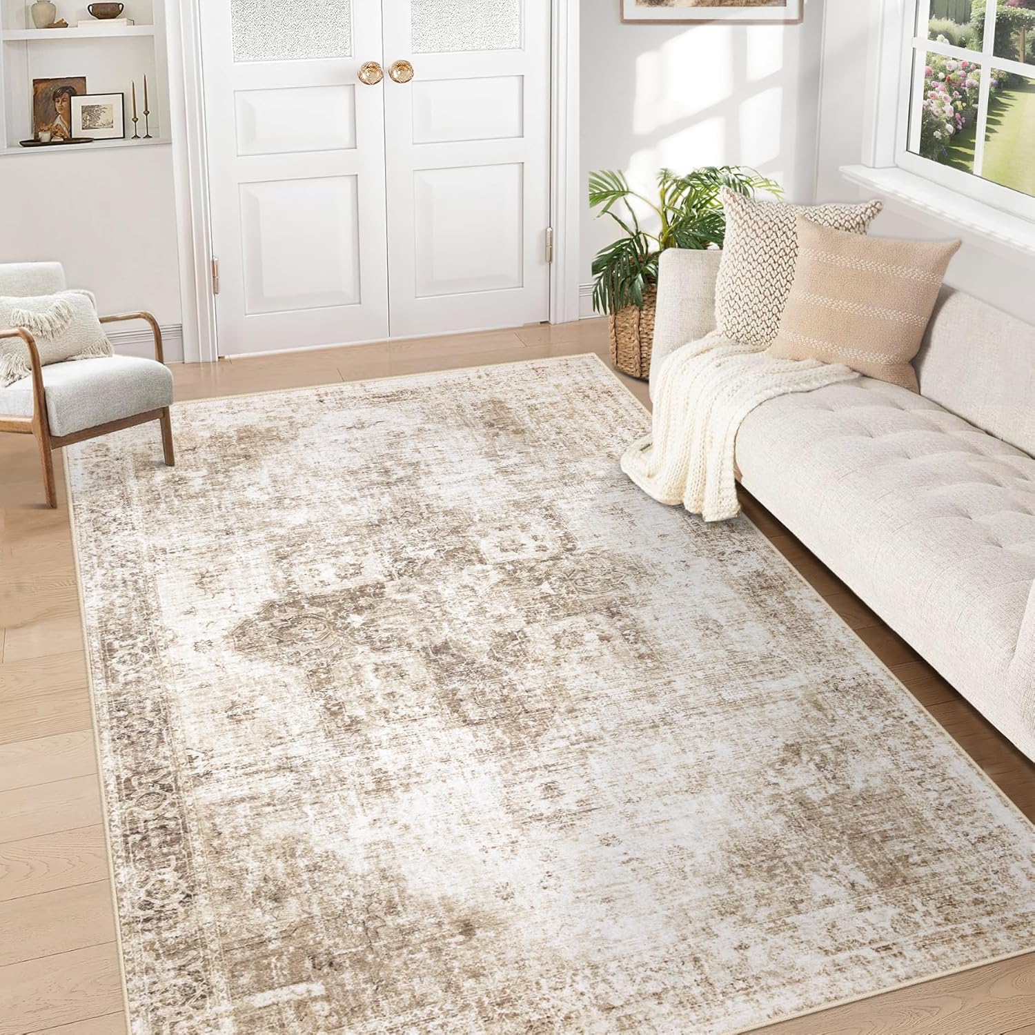 Area Rug 8x10 Washable Rug, Vintage Boho Medallion Rugs Non-Slip Soft Low Pile Large Distressed Rug Indoor Retro Carpet for Living Room Bedroom Dining Room Home Office (Beige, 8'x10')