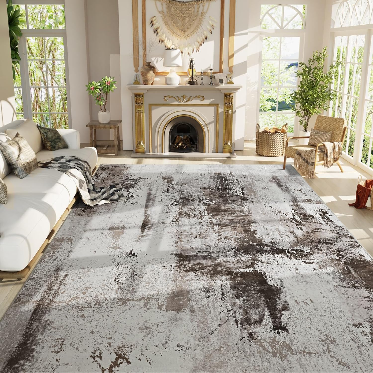 Living Room Rug 8x10 Gray Area Rugs Machine Washable Abstract Boho Large Rug Non-Slip Non-Shedding Faux Wool Indoor Vintage Carpet for Bedroom, Classroom, Dining Room, Kids Playroom