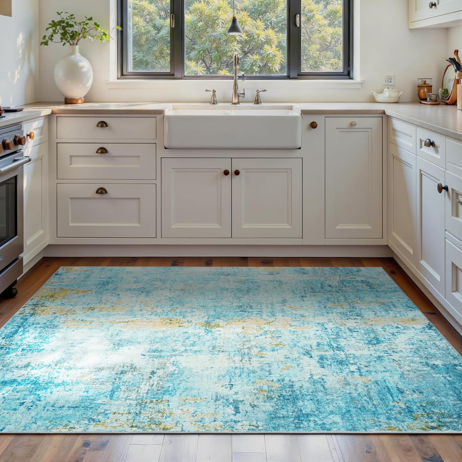 Living Room Rug 8x10 Gray Area Rugs Machine Washable Abstract Boho Large Rug Non-Slip Non-Shedding Faux Wool Indoor Vintage Carpet for Bedroom, Classroom, Dining Room, Kids Playroom