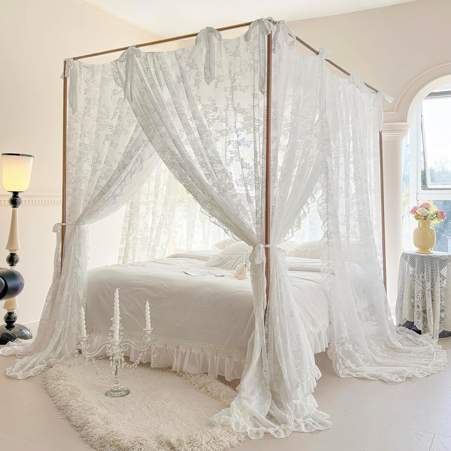 Mengersi Canopy Bed Curtains,Linen Bed Canopy Curtains 4 Corner Bed Drapes Canopy Curtains for Bedroom Decor (Ivory,Full)