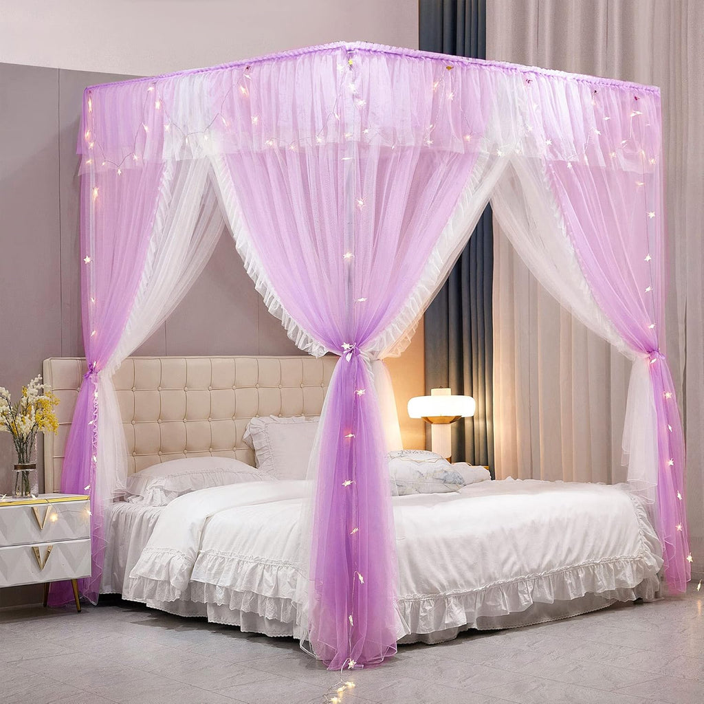 VETHIN 4 Corners Post Ruffle Princess Bed Canopy Curtain-Double Layer Cozy Drape Netting 4 Opening Mosquito Net for Girls Adults Bedroom Decoration (Pink/Whtie,59" W*82" L*82"*H/Queen)