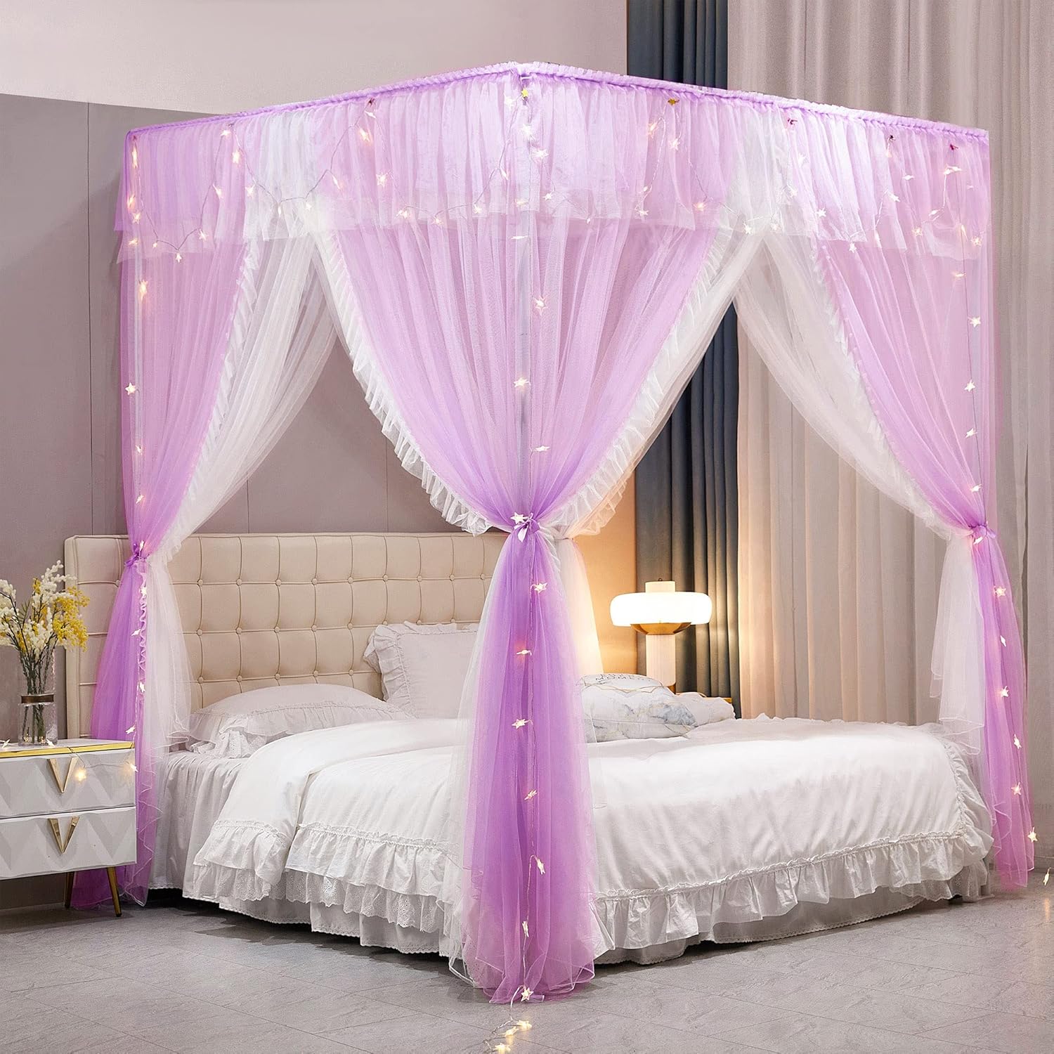 VETHIN 4 Corners Post Ruffle Princess Bed Canopy Curtain-Double Layer Cozy Drape Netting 4 Opening Mosquito Net for Girls Adults Bedroom Decoration (Pink/Whtie,59" W*82" L*82"*H/Queen)