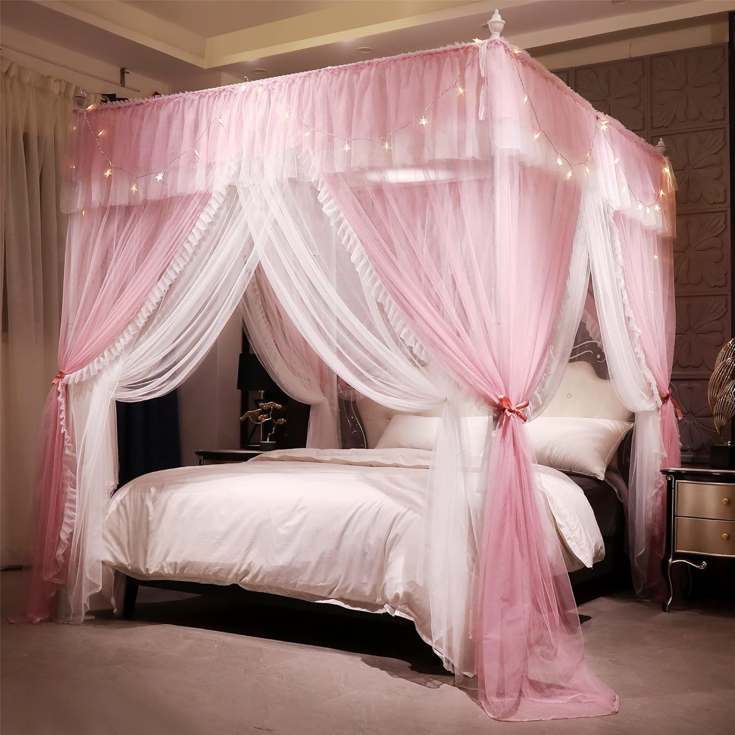 VETHIN 4 Corners Post Ruffle Princess Bed Canopy Curtain-Double Layer Cozy Drape Netting 4 Opening Mosquito Net for Girls Adults Bedroom Decoration (Pink/Whtie,59" W*82" L*82"*H/Queen)