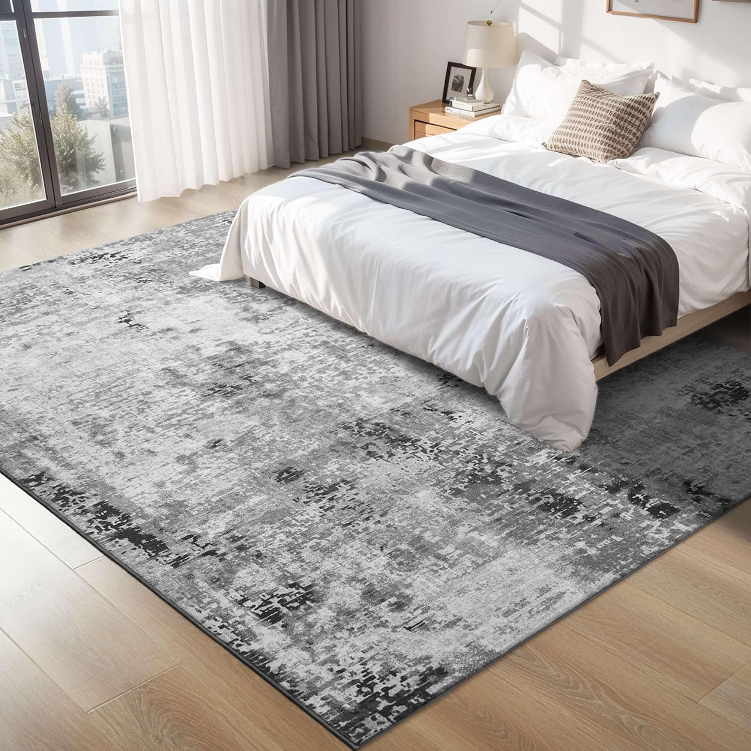 Living Room Rug 8x10 Gray Area Rugs Machine Washable Abstract Boho Large Rug Non-Slip Non-Shedding Faux Wool Indoor Vintage Carpet for Bedroom, Classroom, Dining Room, Kids Playroom