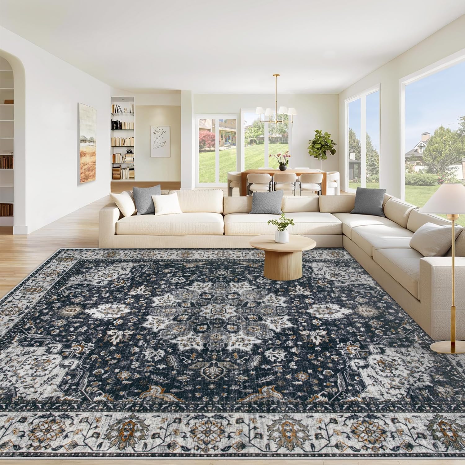 Area Rug 8x10 Washable Rug, Vintage Boho Medallion Rugs Non-Slip Soft Low Pile Large Distressed Rug Indoor Retro Carpet for Living Room Bedroom Dining Room Home Office (Beige, 8'x10')