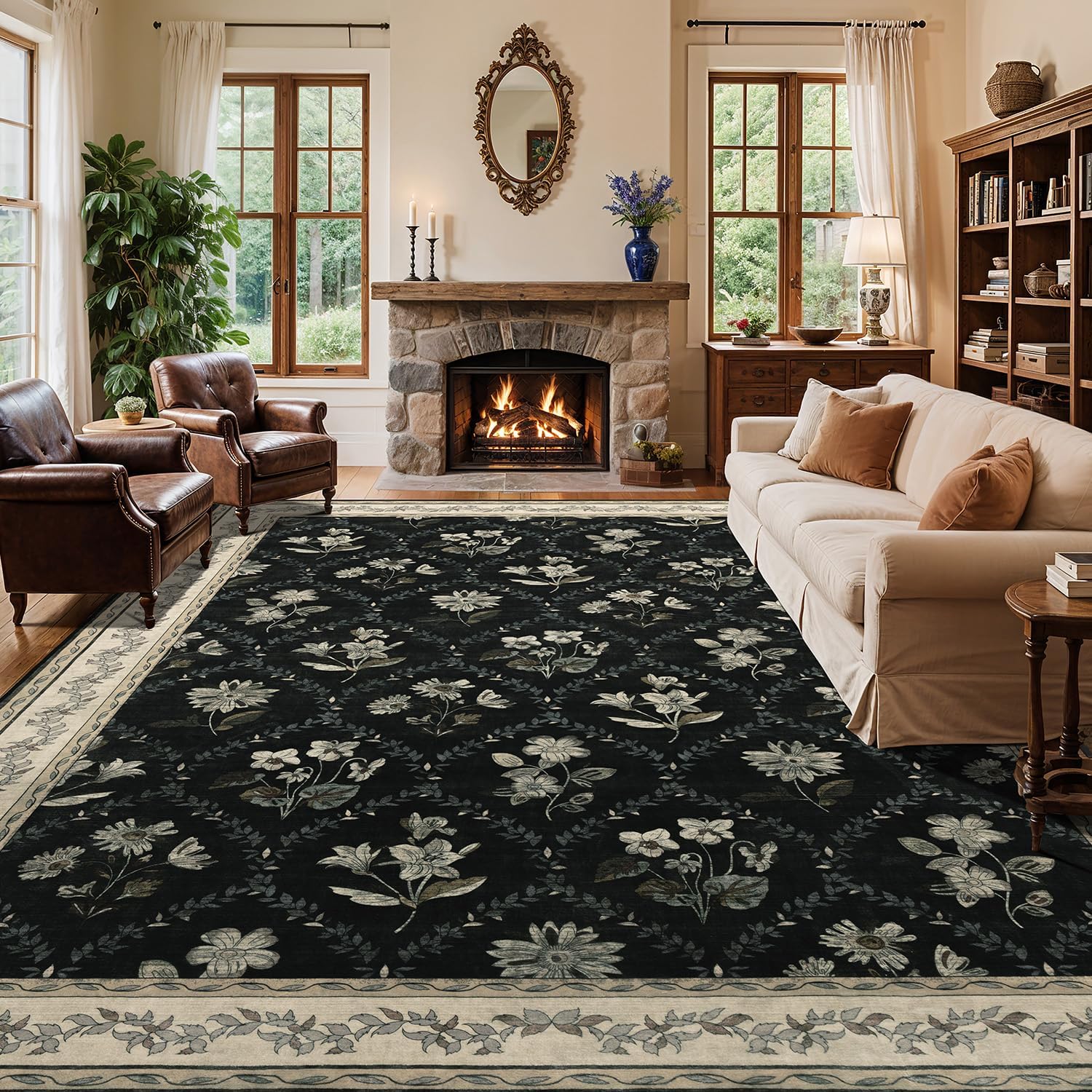 LIANLAM Washable Rug 8x10 Area Rugs for Living Room - Stain Resistant Non-Slip Backing Boho Rug for Bedroom,Durable & Ultra-Thin Vintage Large Area Rug(8x10,Black)