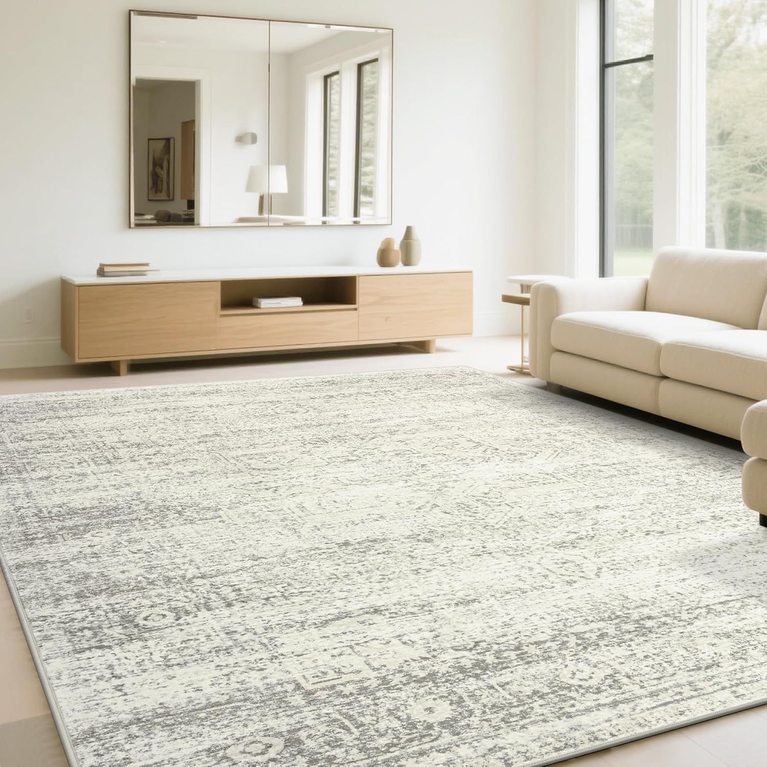 Srugn Washable Rugs 8x10 Area Rugs for Living Room,Ultra Soft Faux Wool Retro Rugs for Bedroom,Dining Room,Non Slip&Non-Shedding Low Pile Vintage Print Rug Indoor Large Carpets for Home Office Decor