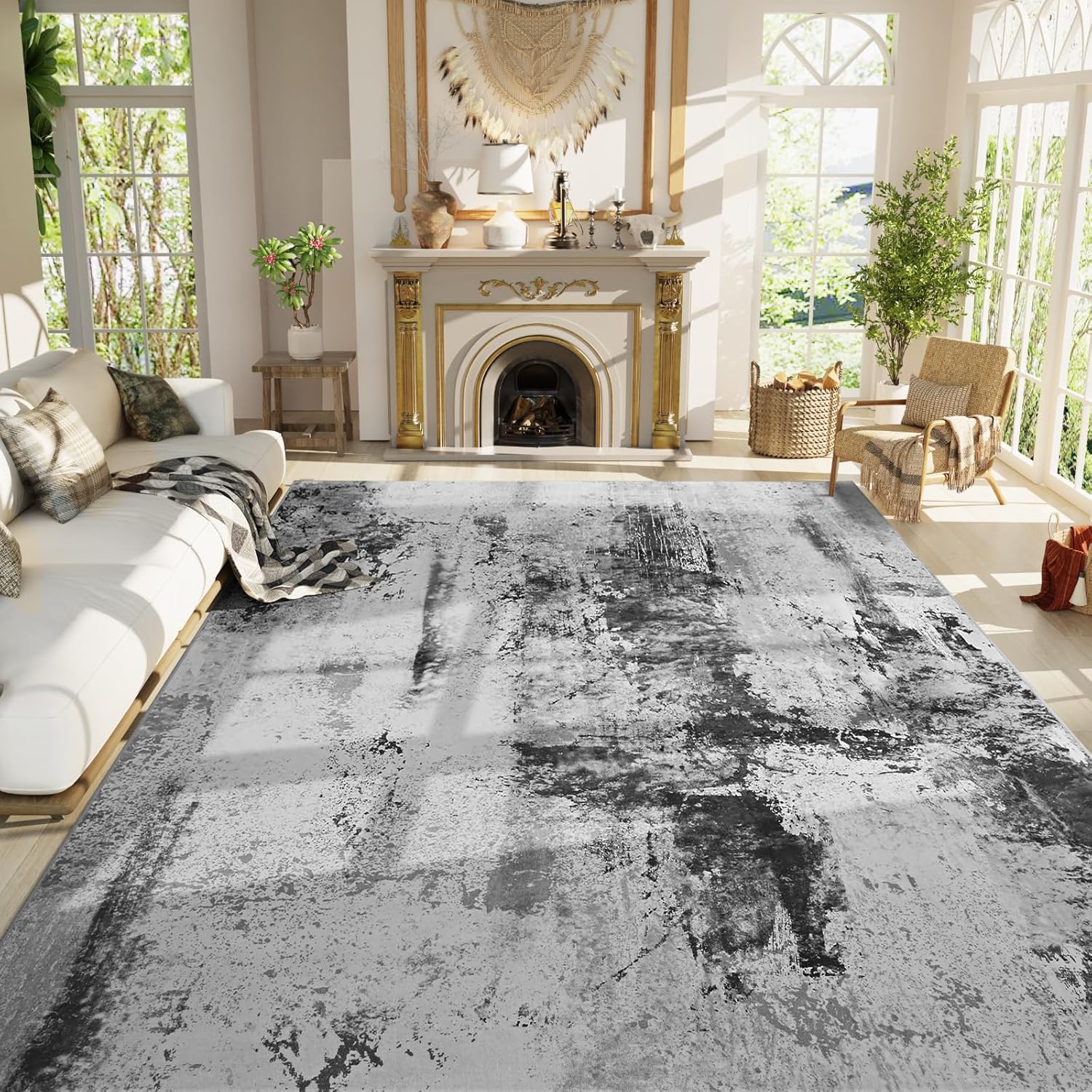 Living Room Rug 8x10 Gray Area Rugs Machine Washable Abstract Boho Large Rug Non-Slip Non-Shedding Faux Wool Indoor Vintage Carpet for Bedroom, Classroom, Dining Room, Kids Playroom