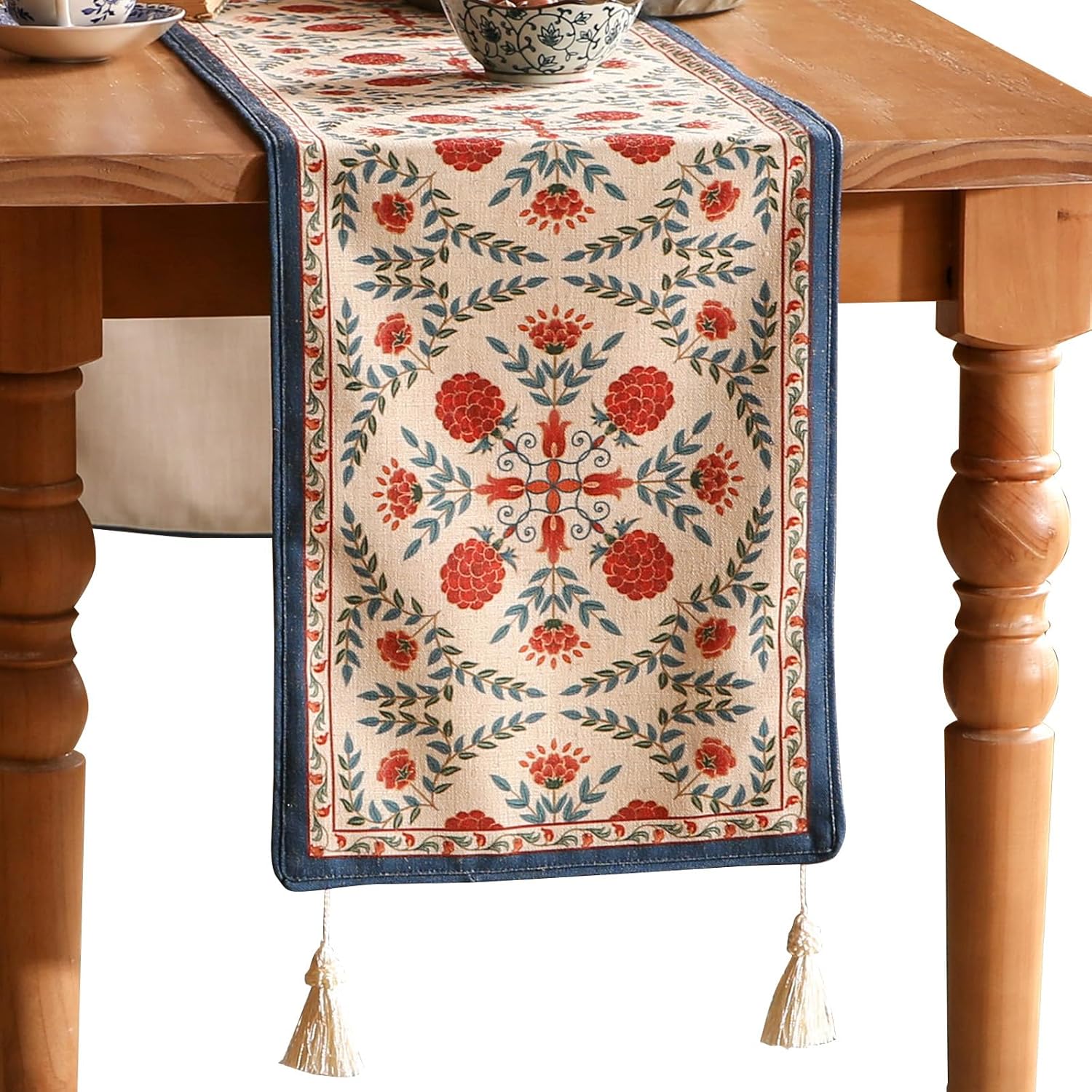 patdrea Designer Blue Cottage Rustic Floral Patterned Linen Table Runner 102 Inch Long,Wrinkle Resistant Table Mat,Decoration for Kitchen Dining and Coffee Tables Banquet Christmas ,12"x102"