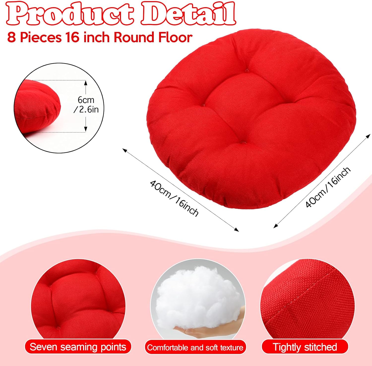 Fumete 8 Pcs 16 Inch Round Floor Cushions for Kids and Toddlers, Flexible Seating Classroom Furniture Floor Pillow for Home, Daycare, Preschool, Yoga and Meditation (Red)