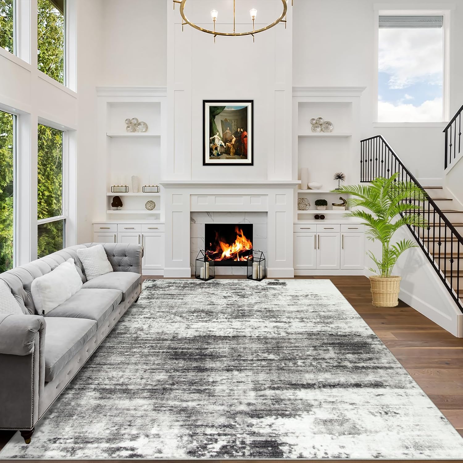 8x10 Area Rugs Washable Rug: Large Modern Abstract Living Room Rug Soft Anti-Skid Thin Carpet Indoor Floor Non-Shedding Carpets for Bedroom Dining Farmhouse Nursery Home Office Black Grey Gold