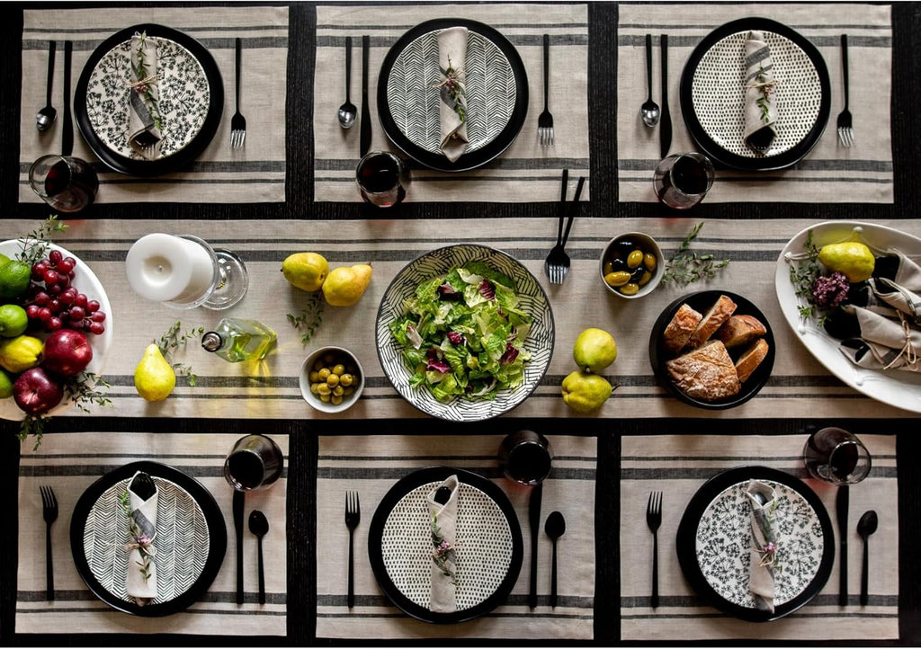 Solino Home Linen Table Runner 48 Inches - French Stripe, 100% Pure Linen Black and Natural Farmhouse Table Runner 14 x 48 Inch Ideal for Dresser and Coffee Tables - Spring, Easter