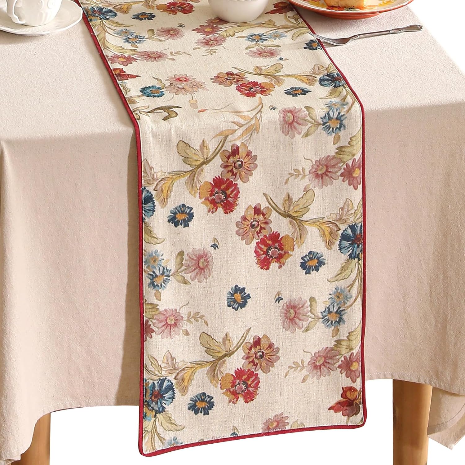 patdrea Designer Blue Cottage Rustic Floral Patterned Linen Table Runner 102 Inch Long,Wrinkle Resistant Table Mat,Decoration for Kitchen Dining and Coffee Tables Banquet Christmas ,12"x102"
