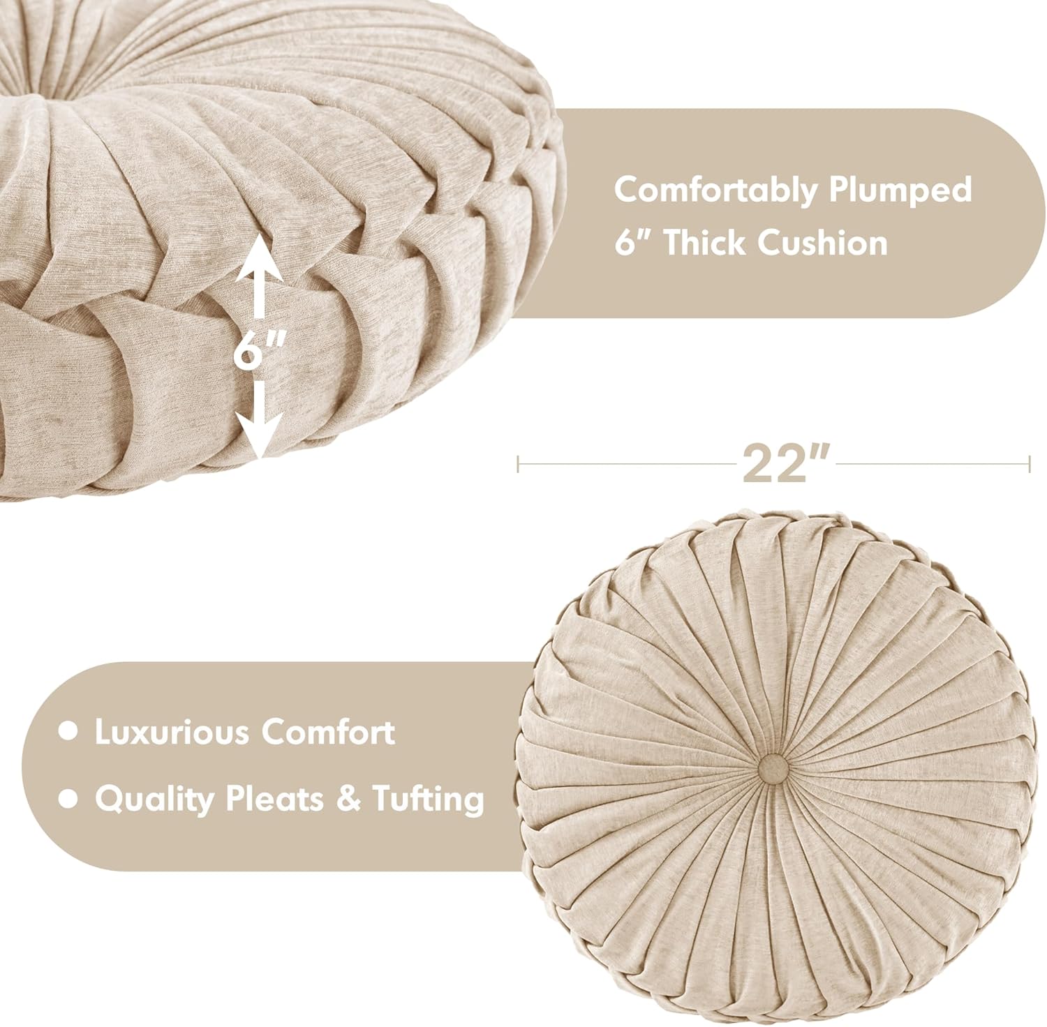 Intelligent Design Loretta Round Chenille Tufted Floor Pillow with Elegant Pleated Design, Large Boho & Vintage Decorative Throw Pillow for Sofa, Bed, or Chair, 22" x 6", Iovry