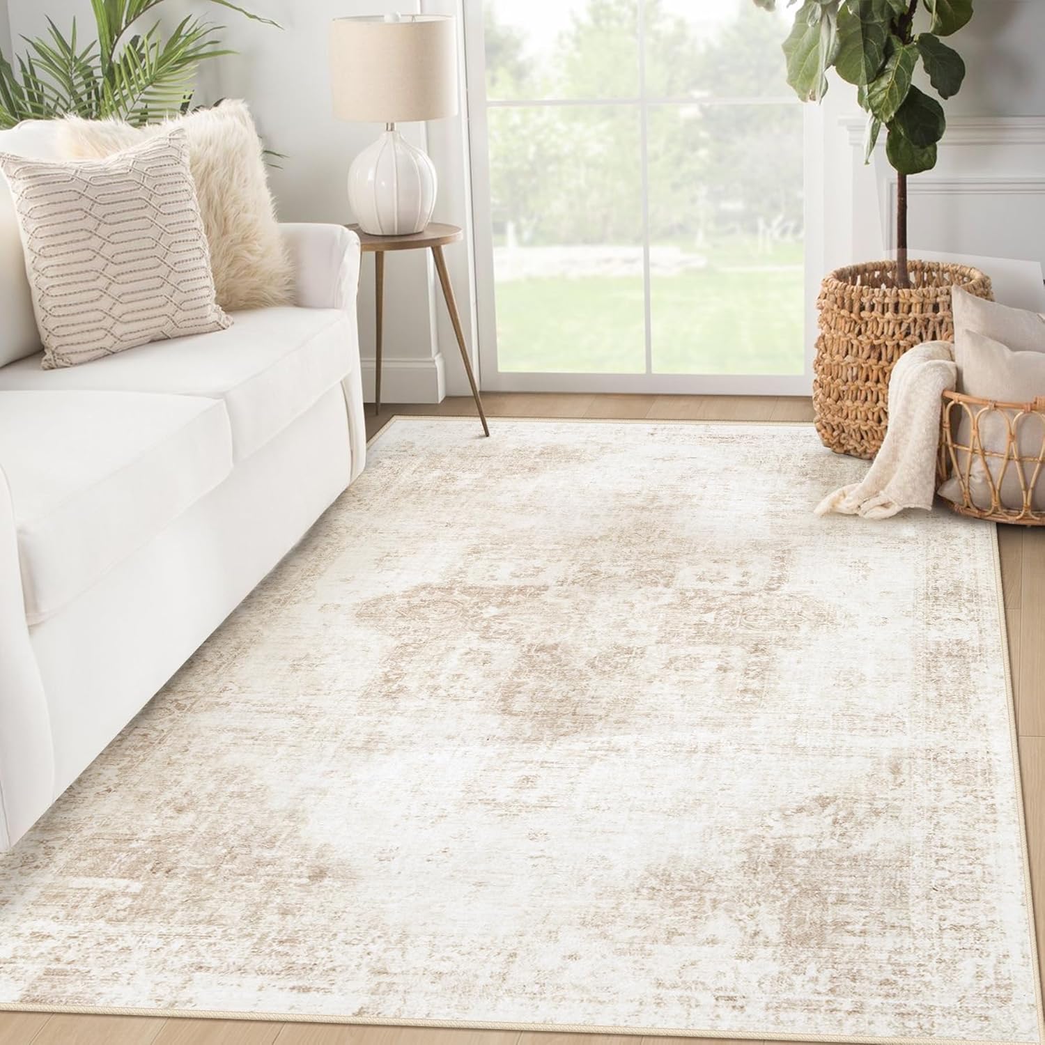 Area Rug 8x10 Washable Rug, Vintage Boho Medallion Rugs Non-Slip Soft Low Pile Large Distressed Rug Indoor Retro Carpet for Living Room Bedroom Dining Room Home Office (Beige, 8'x10')