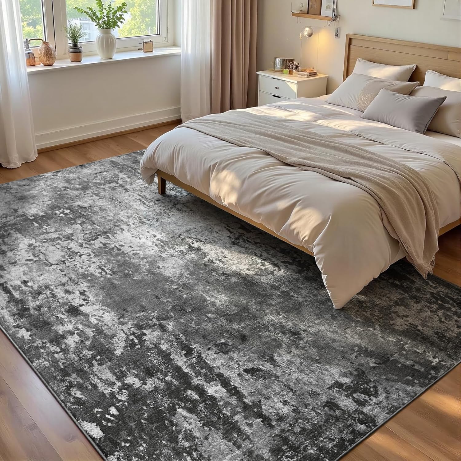 Living Room Rug 8x10 Gray Area Rugs Machine Washable Abstract Boho Large Rug Non-Slip Non-Shedding Faux Wool Indoor Vintage Carpet for Bedroom, Classroom, Dining Room, Kids Playroom