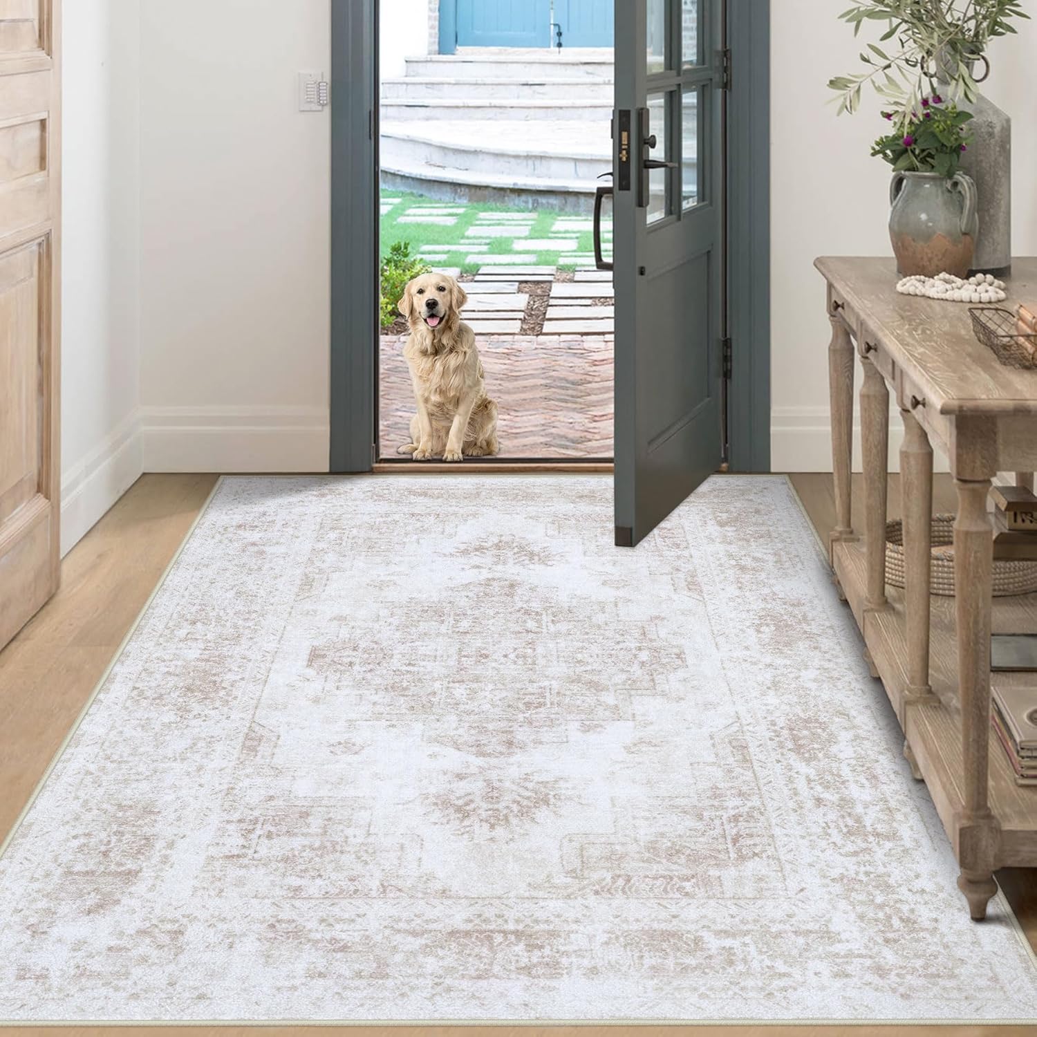 XLUEZ Area Rug 9x12 Living Room Rug, Machine Washable Vintage Distressed Medallion Rug Non-Slip Soft Low Pile Large Indoor Rugs for Bedroom Kitchen Dining Room Office(Beige,9'x12')