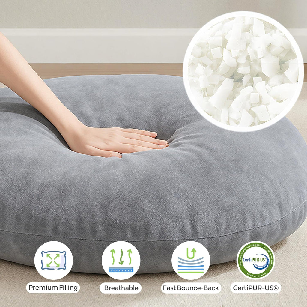 Codi Large Meditation Cushions – Round Floor Pillows for Adults with Removable Washable Cover, Soft and Supportive Floor Cushion for Yoga, Seating and Dog Bed, 32 inch - Grey