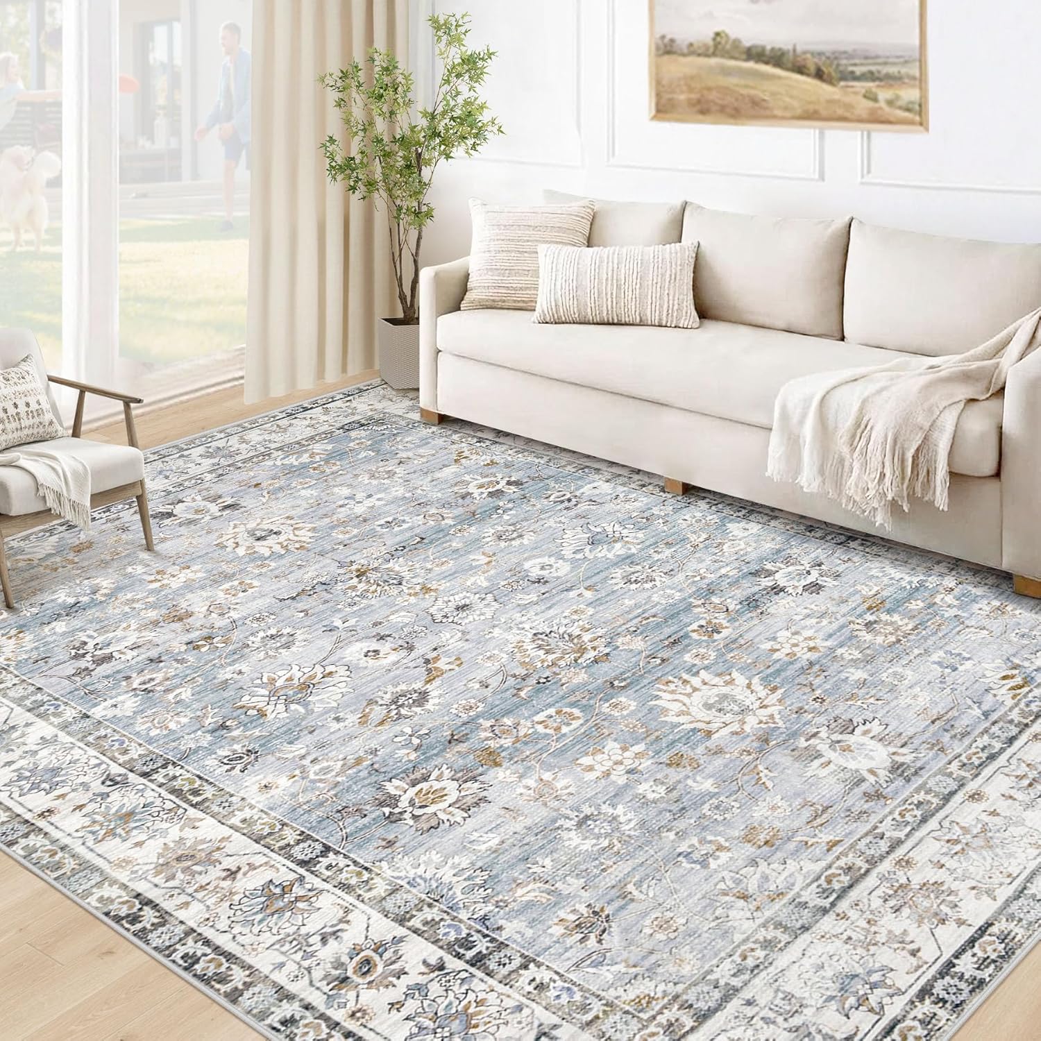 XLUEZ Area Rug 9x12 Living Room Rug, Machine Washable Vintage Distressed Medallion Rug Non-Slip Soft Low Pile Large Indoor Rugs for Bedroom Kitchen Dining Room Office(Beige,9'x12')