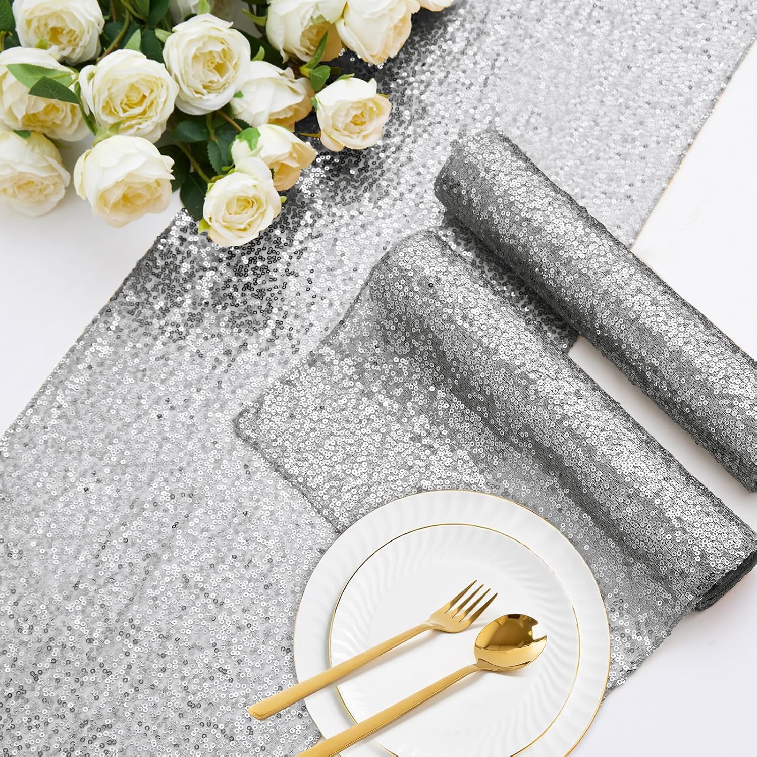 Aormenzy 12 Pack Silver Sequin Table Runner 12" x 72", Glitter Sparkle Sequin Runners for Birthday Party Wedding Banquet & Baby Shower, Party Table Decorations Supplies
