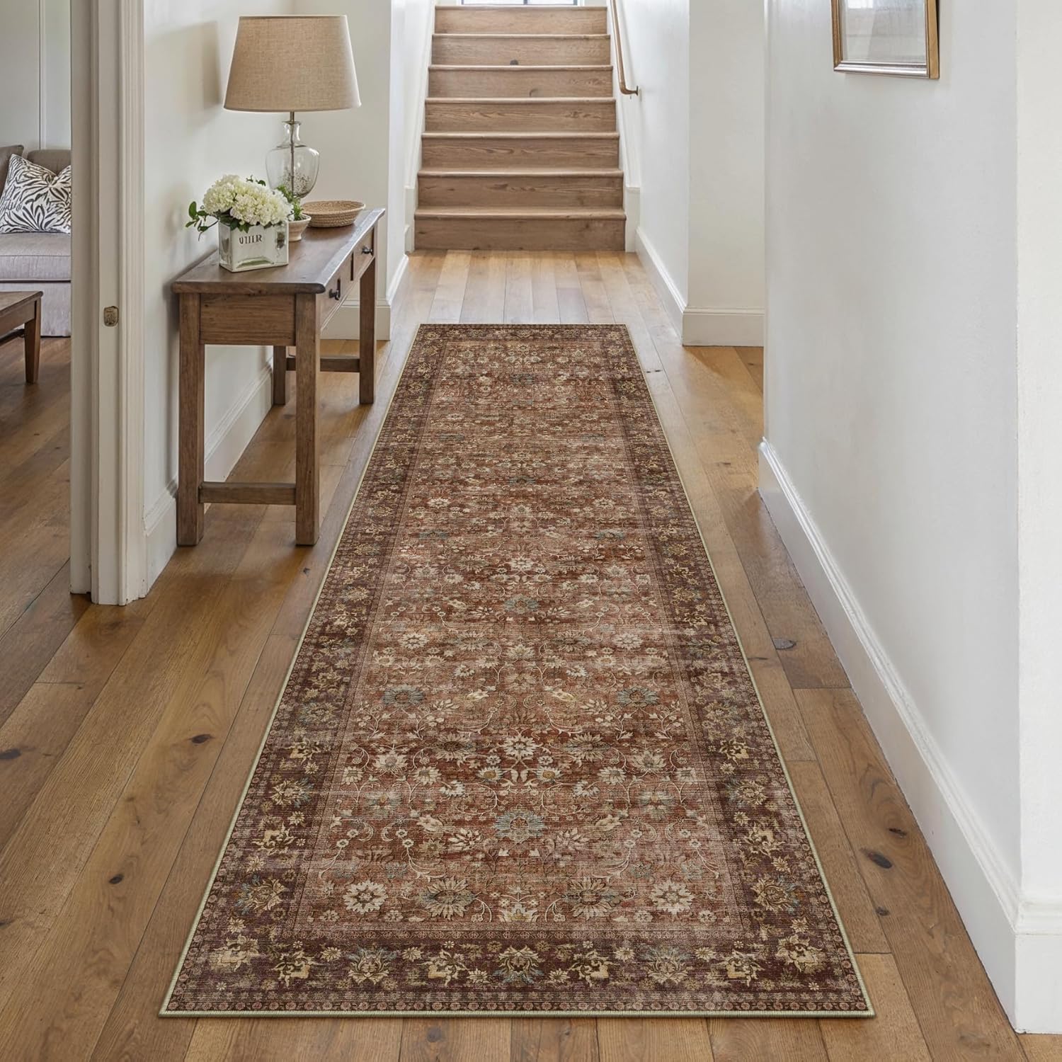 HUGEAR 8x10 Machine Washable Rugs Brown Hallway Large Area Rug Indoor Accent Rug Floral Low Pile Carpet Soft Throw Aesthetic Rug Bedroom Living Room Office Dining Room Kitchen Laundry Room