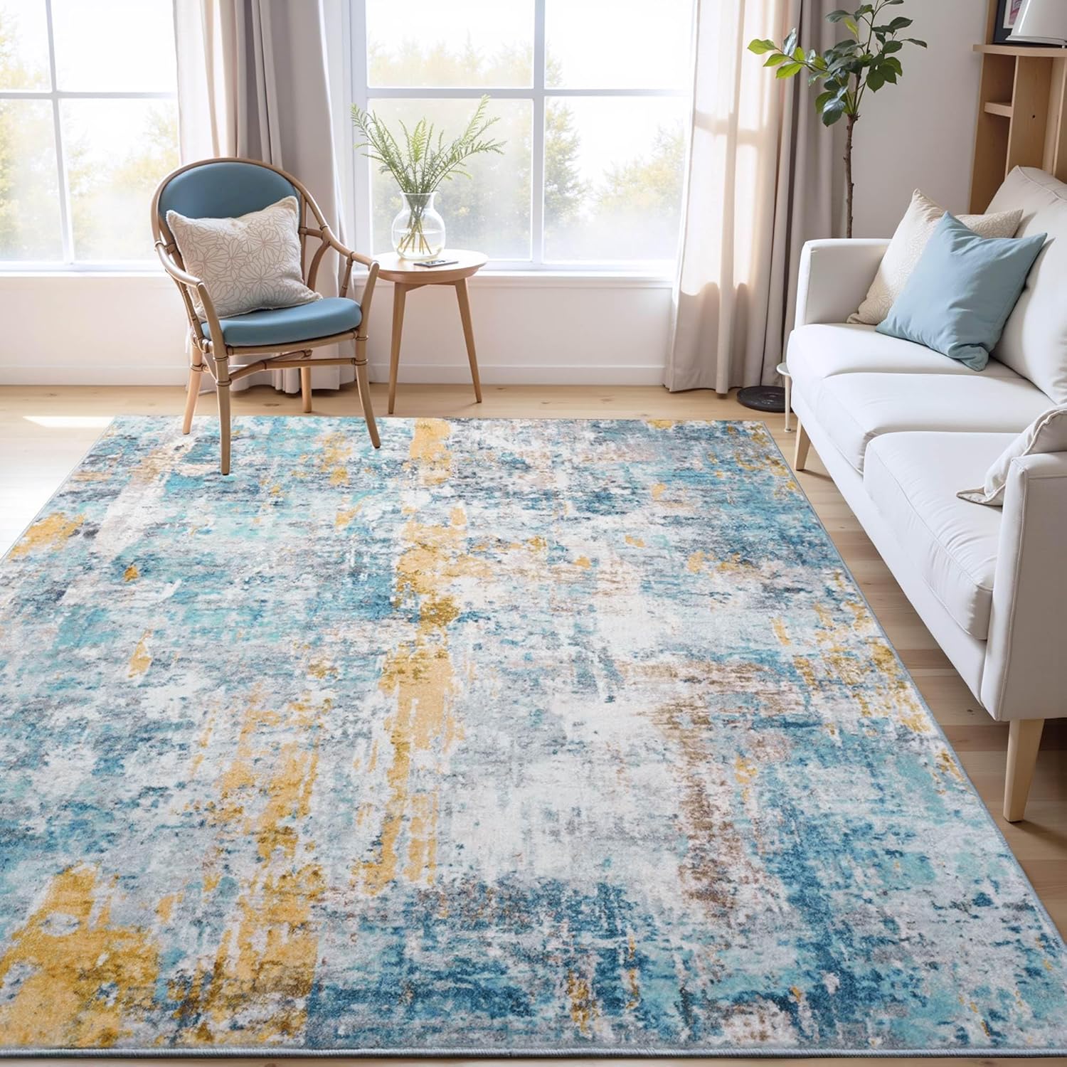 Living Room Rug 8x10 Gray Area Rugs Machine Washable Abstract Boho Large Rug Non-Slip Non-Shedding Faux Wool Indoor Vintage Carpet for Bedroom, Classroom, Dining Room, Kids Playroom