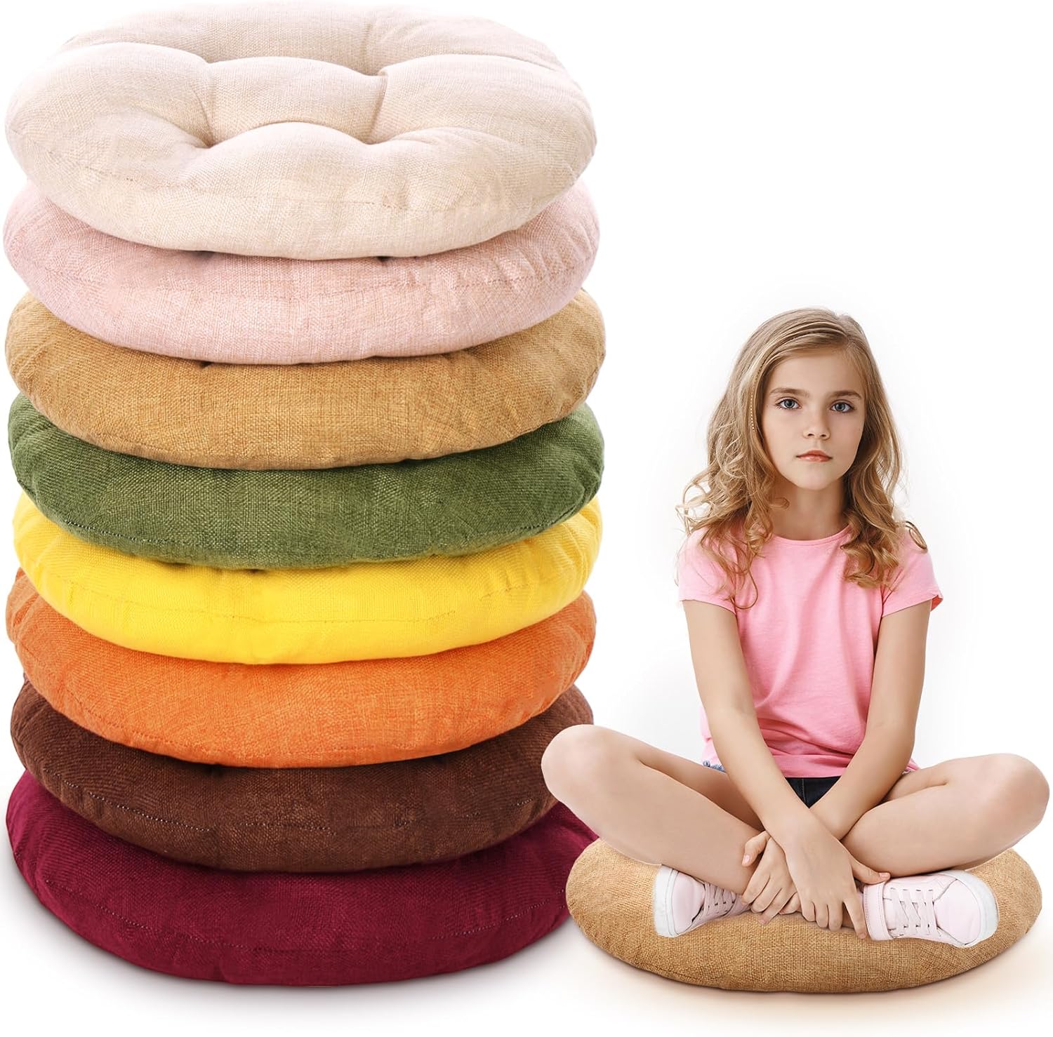 Fumete 8 Pcs 16 Inch Round Floor Cushions for Kids and Toddlers, Flexible Seating Classroom Furniture Floor Pillow for Home, Daycare, Preschool, Yoga and Meditation (Red)