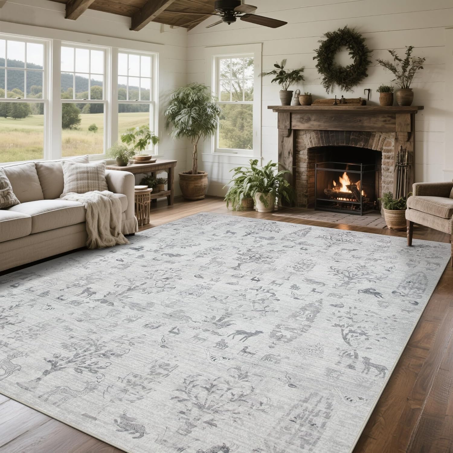 Srugn Washable Rugs 8x10 Area Rugs for Living Room,Ultra Soft Faux Wool Retro Rugs for Bedroom,Dining Room,Non Slip&Non-Shedding Low Pile Vintage Print Rug Indoor Large Carpets for Home Office Decor
