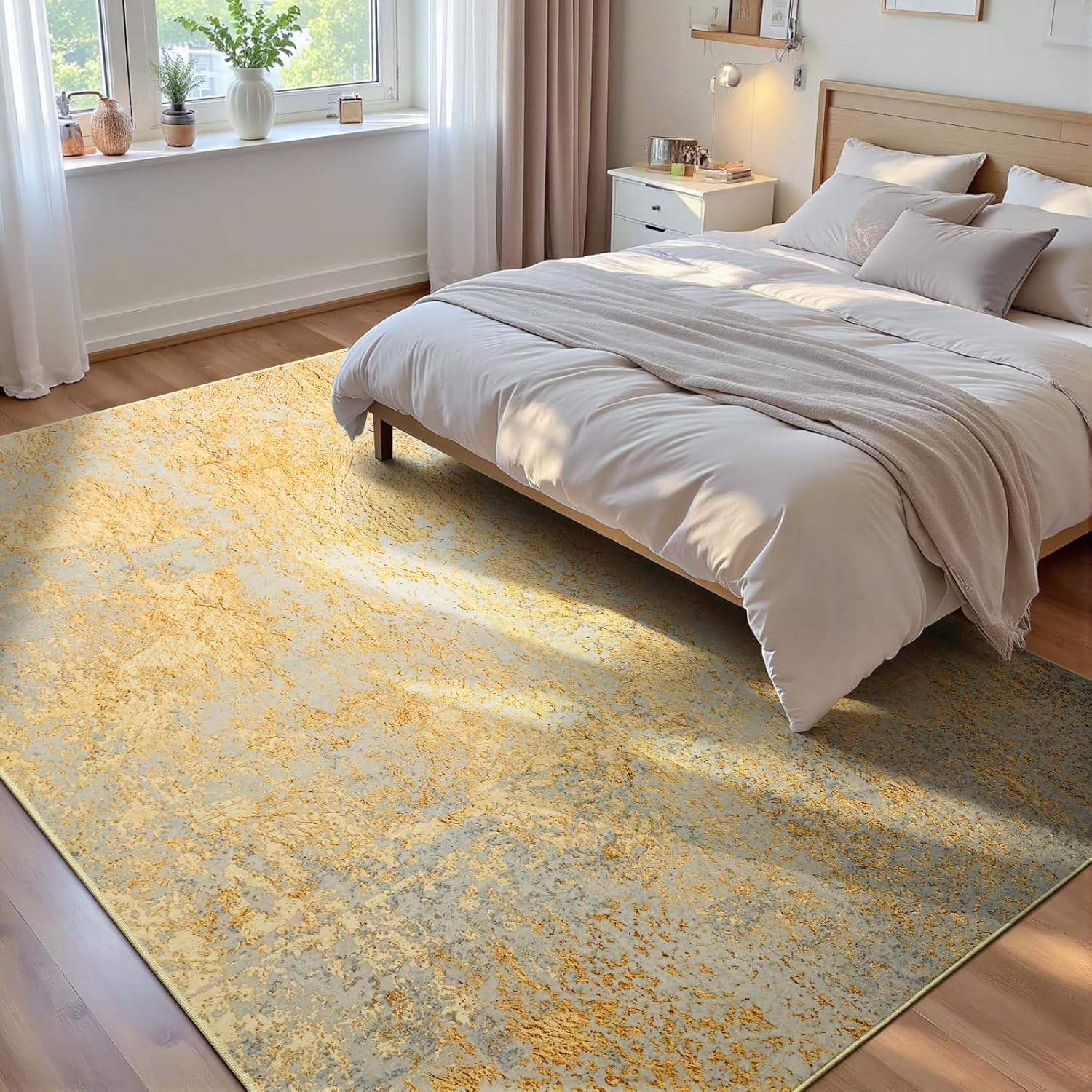 Living Room Rug 8x10 Gray Area Rugs Machine Washable Abstract Boho Large Rug Non-Slip Non-Shedding Faux Wool Indoor Vintage Carpet for Bedroom, Classroom, Dining Room, Kids Playroom