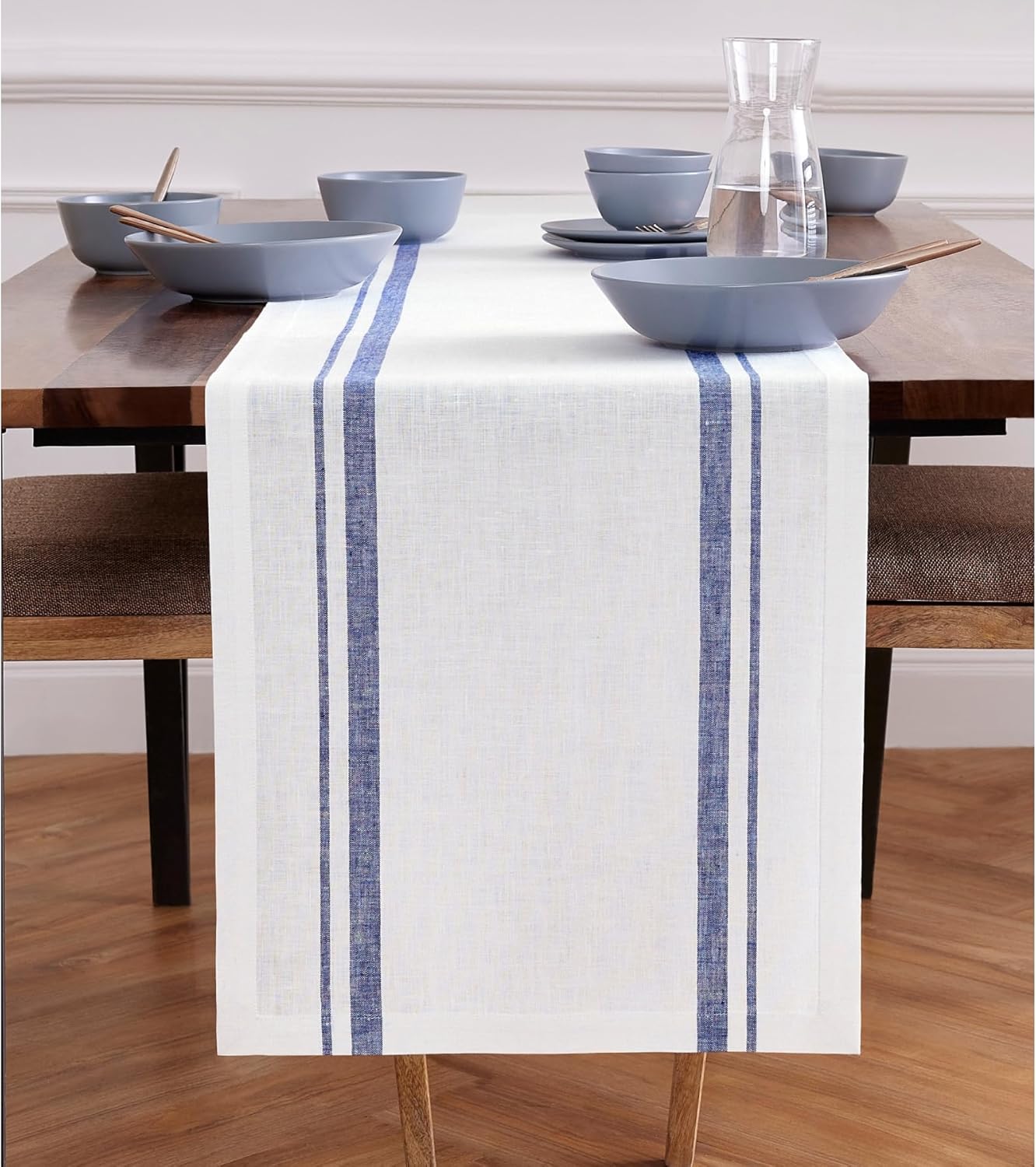 Solino Home Linen Table Runner 48 Inches - French Stripe, 100% Pure Linen Black and Natural Farmhouse Table Runner 14 x 48 Inch Ideal for Dresser and Coffee Tables - Spring, Easter